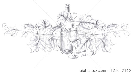 Composition with a bottle of wine entwined with grapes and a glass. Isolated pencil illustration in a realistic style for the design of postcards, bar menu, menu design, alcoholic beverages. Composition with a bottle of wine entwined with grapes and a glass. Isolated pencil illustration in a realistic style for the design of postcards, bar menu, menu design, alcoholic beverages. 121017140