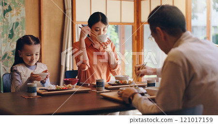 Japan, house and family with food, girl and parents with healthy meal, protein and lunch. Apartment, mother and father with daughter, Asian cuisine and wellness with nutrition, eating and traditional Japan, house and family with food, girl and parents with healthy meal, protein and lunch. Apartment, mother and father with daughter, Asian cuisine and wellness with nutrition, eating and traditional 121017159