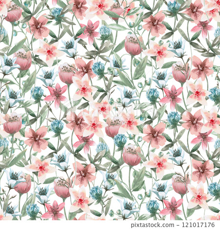 Seamless pattern with fabulous wild flowers. Watercolor illustration in fantasy style for children's room design, printing on fabric, packaging, postcards. Seamless pattern with fabulous wild flowers. Watercolor illustration in fantasy style for children's room design, printing on fabric, packaging, postcards. 121017176