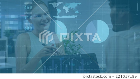 Image of financial data processing over caucasian businesswoman in office Image of financial data processing over caucasian businesswoman in office 121017189
