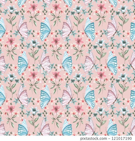 Seamless pattern with butterflies and flowers on a pink background. Watercolor illustration on a children's theme for packaging, posters, printing on fabric. Seamless pattern with butterflies and flowers on a pink background. Watercolor illustration on a children's theme for packaging, posters, printing on fabric. 121017190