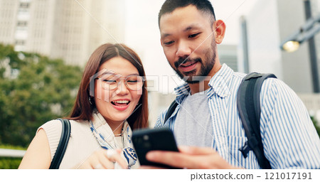 Couple, smartphone and travel in city with search for location, landmark or smile for click on mobile app in street. People, man and woman with phone, reading and excited on urban sidewalk in Japan Couple, smartphone and travel in city with search for location, landmark or smile for click on mobile app in street. People, man and woman with phone, reading and excited on urban sidewalk in Japan 121017191