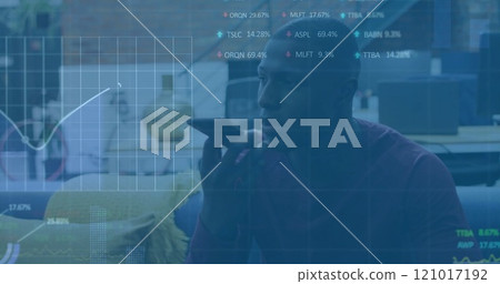 Image of financial data processing over african american businessman using smartphone 121017192