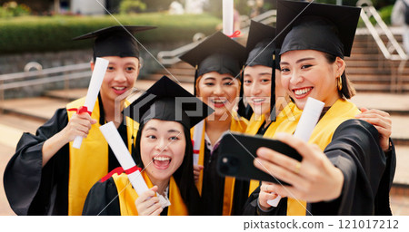 People, university student and smile on graduation with selfie for social media or profile picture in Japan. Friends, campus and happy with scroll for memories, success or achievement as classmates 121017212