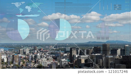 Image of charts processing data over blue sky and cityscape Image of charts processing data over blue sky and cityscape 121017246
