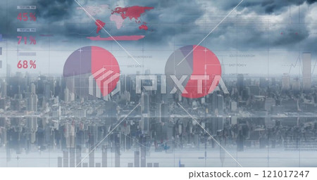 Image of charts processing data over cloudy sky and cityscape Image of charts processing data over cloudy sky and cityscape 121017247