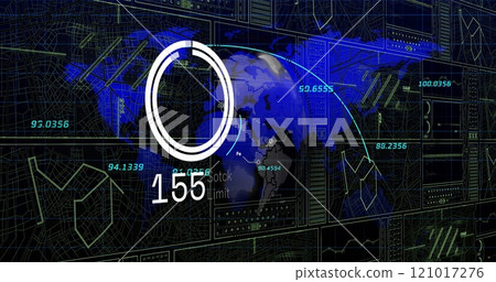 Image of scopes with data processing with world map over black background Image of scopes with data processing with world map over black background 121017276
