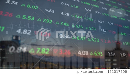 Image of financial data processing over cityscape 121017306