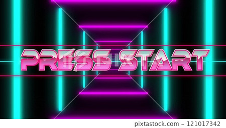 Image of press start text over neon tunnel on black background Image of press start text over neon tunnel on black background 121017342