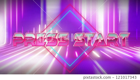 Image of press start text over neon lines on black background 121017343