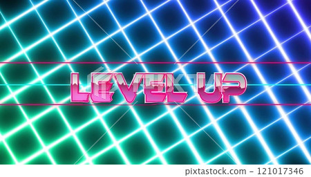 Image of level up text over neon lines on black background Image of level up text over neon lines on black background 121017346