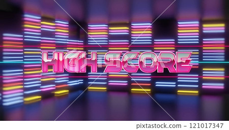 Image of high score text over neon columns on black background 121017347