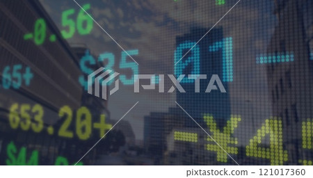 Image of financial data processing over cityscape Image of financial data processing over cityscape 121017360