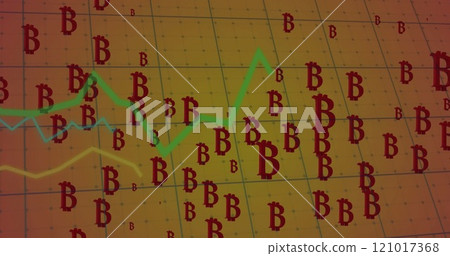 Image of financial data processing over bitcoin symbols 121017368
