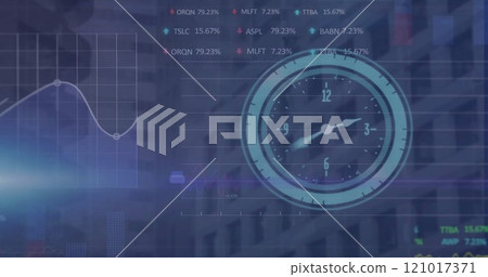Image of clock and financial data processing over cityscape Image of clock and financial data processing over cityscape 121017371