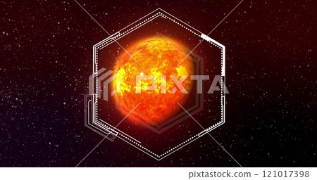 Image of hexagonal scanner frame processing data over orange globe in space Image of hexagonal scanner frame processing data over orange globe in space 121017398