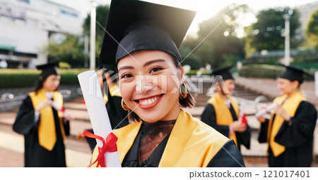 Woman, college student and smile with certificate for graduation, celebration and achievements in Japan. Female person, university graduate and happy on portrait with scroll for academic success Woman, college student and smile with certificate for graduation, celebration and achievements in Japan. Female person, university graduate and happy on portrait with scroll for academic success 121017401