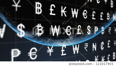 Image of world currency symbols over globe in space Image of world currency symbols over globe in space 121017403
