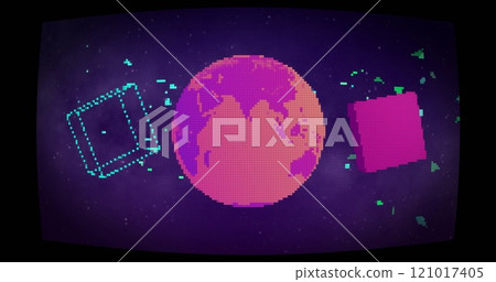 Image of globe and cubes moving over black background 121017405