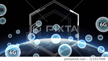 Image of hexagonal scanner frame and 6g icons over globe rotating in space 121017406
