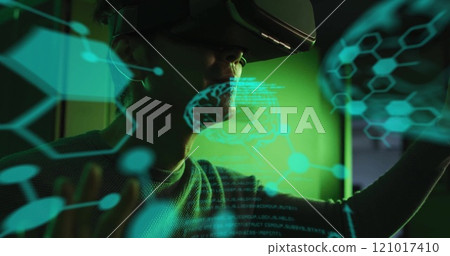 Image of data processing with brains over asian businessman using vr headset in server room 121017410