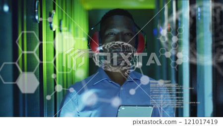 Image of data processing with brains over african american businessman in server room 121017419