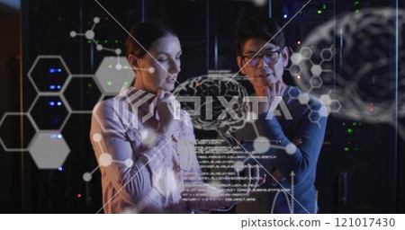Image of data processing with brains over diverse colleagues using tablet in server room Image of data processing with brains over diverse colleagues using tablet in server room 121017430