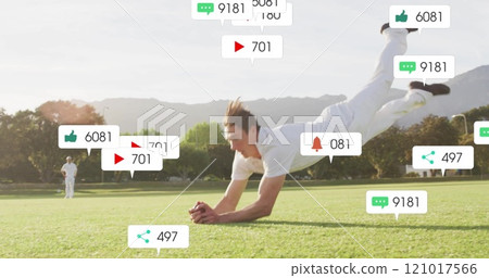 Image of icons and data processing over caucasian male cricket player Image of icons and data processing over caucasian male cricket player 121017566