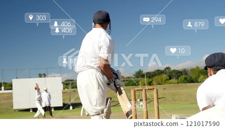 Image of icons and data processing over diverse male cricket players 121017590