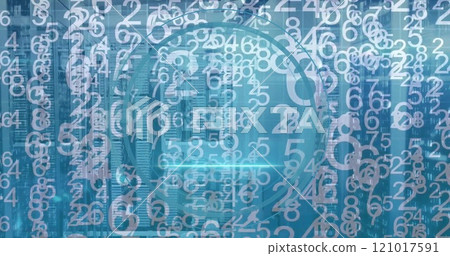 Image of tablet icon and digital data processing over computer servers 121017591