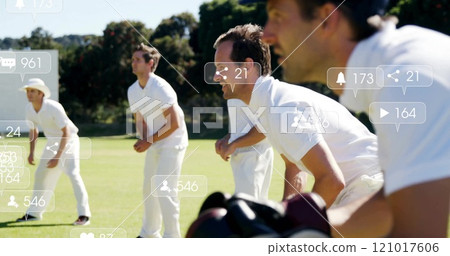 Image of icons and data processing over diverse male cricket players Image of icons and data processing over diverse male cricket players 121017606