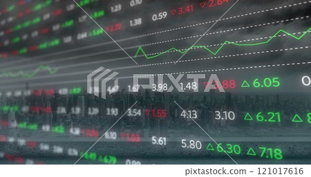 Image of stock market and diagrams over cityscape Image of stock market and diagrams over cityscape 121017616