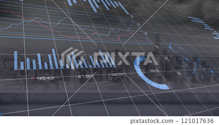 Image of data processing and diagrams over cityscape Image of data processing and diagrams over cityscape 121017636