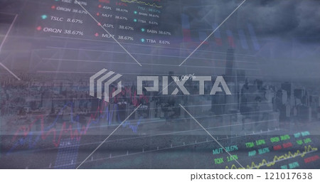 Image of stock market and diagrams over cityscape 121017638