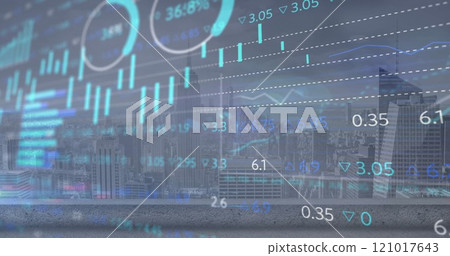 Image of stock market and diagrams over cityscape 121017643