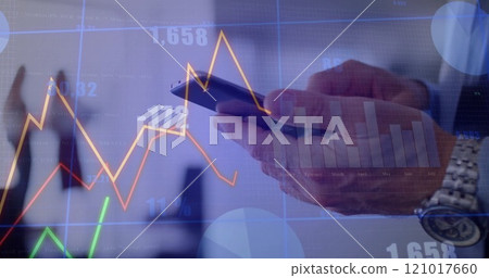 Image of financial data processing over caucasian man using smartphone Image of financial data processing over caucasian man using smartphone 121017660