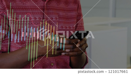 Image of financial data processing over african american man using smartphone Image of financial data processing over african american man using smartphone 121017661