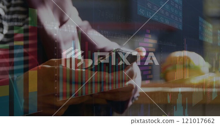 Image of financial data processing over caucasian man using smartphone Image of financial data processing over caucasian man using smartphone 121017662