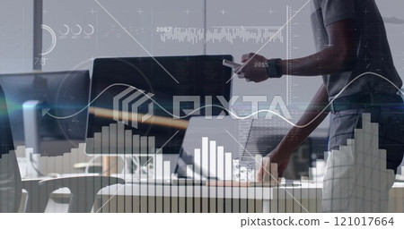 Image of financial data processing over african american man using smartphone Image of financial data processing over african american man using smartphone 121017664