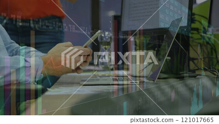 Image of financial data processing over caucasian man using smartphone Image of financial data processing over caucasian man using smartphone 121017665