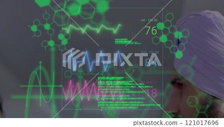 Image of chemical formula and data processing over biracial male doctor in hospital 121017696