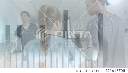 Image of statistics and data processing over diverse doctors 121017706
