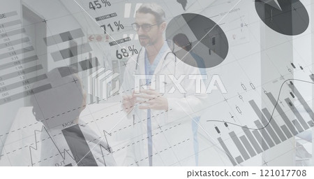 Image of statistics and data processing over diverse male doctor and female patient Image of statistics and data processing over diverse male doctor and female patient 121017708