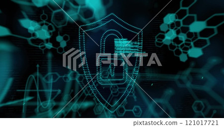 Image of chemical formula with padlock icon and data processing on black background 121017721