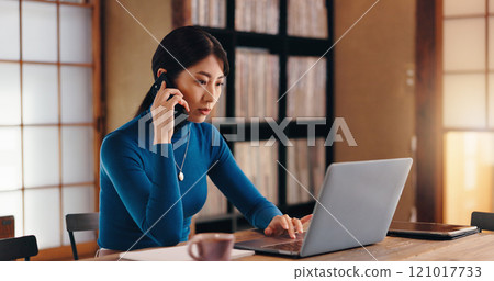 Phone call, communication and Asian woman with laptop, home office and discussion with client or copy editor. House, freelancer and talking with contact for proofreading, serious or creative in Japan Phone call, communication and Asian woman with laptop, home office and discussion with client or copy editor. House, freelancer and talking with contact for proofreading, serious or creative in Japan 121017733