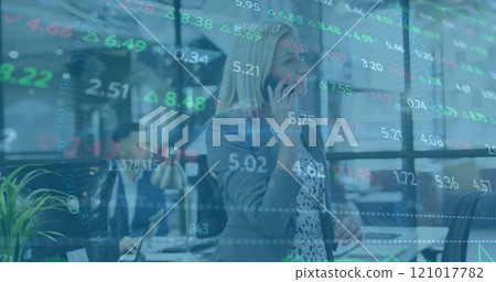 Image of financial data processing over caucasian businesswoman using smartphone in office Image of financial data processing over caucasian businesswoman using smartphone in office 121017782