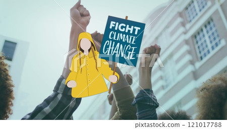 Image of caucasian girl with fight climate change placard and diverse group raising fists Image of caucasian girl with fight climate change placard and diverse group raising fists 121017788