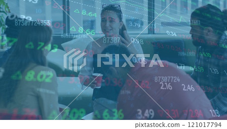 Image of financial data processing over diverse colleagues discussing work in office Image of financial data processing over diverse colleagues discussing work in office 121017794