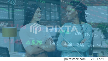 Image of financial data processing over diverse colleaguescrossing arms in office Image of financial data processing over diverse colleaguescrossing arms in office 121017799
