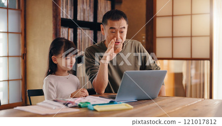 Asian father, daughter or laptop with video call for online learning, language tutoring or teaching at home. Japan, dad and child with computer for virtual classroom, lesson or homeschooling at house Asian father, daughter or laptop with video call for online learning, language tutoring or teaching at home. Japan, dad and child with computer for virtual classroom, lesson or homeschooling at house 121017812